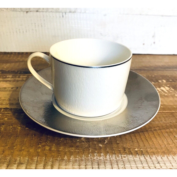 New Bernardaud Phoebe Dune Tea Cup & Saucer Silver Rim - Picture 1 of 10